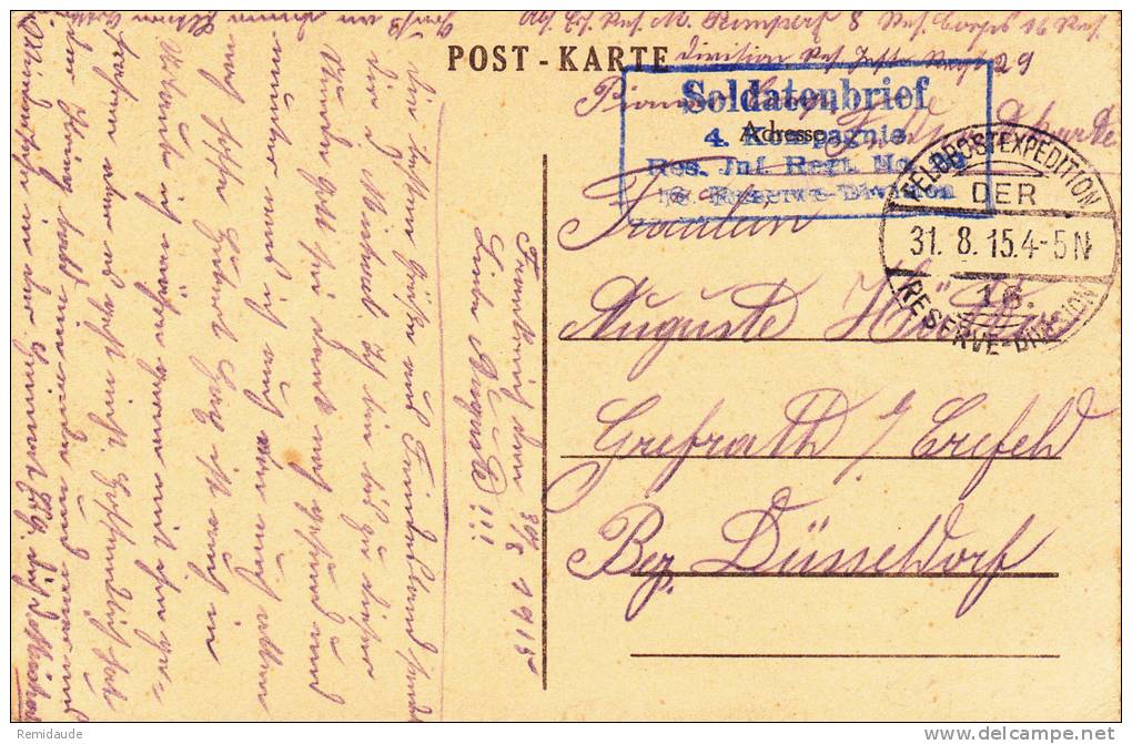 ALLEMAGNE - 1915 - CARTE POSTALE MILITAIRE (FELDPOST) Du 29° RI STATIONNE EN FRANCE - WW1