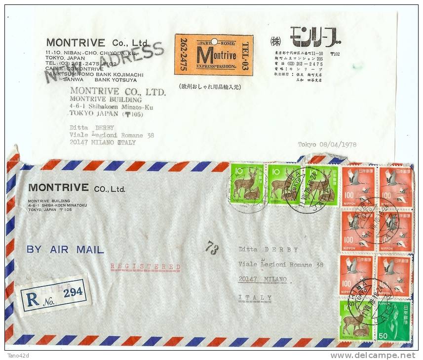 REF LIT 10 - JAPON LETTRE AVION RECOMMANDEE  A DESTINATION DE MILAN AOÛT 1978 AVEC SA CORRESPONDANCE - Lettres & Documents