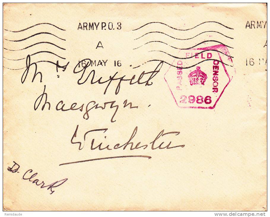 GB - 1916 - ENVELOPPE ARMEE POST OFFICE N° 3 Avec CENSURE - Prima Guerra Mondiale