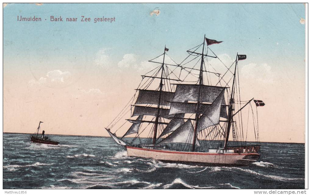 CPA 1916 IJmuiden - Bark Naar Zee Gesleept (voilier) - IJmuiden