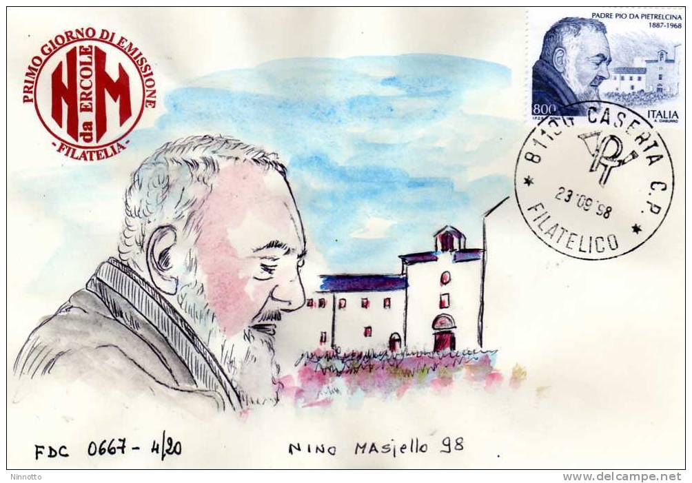 FDC  N.M. -PADRE PIO DA PIETRELCINA 98-   DIPINTO A MANO - - FDC