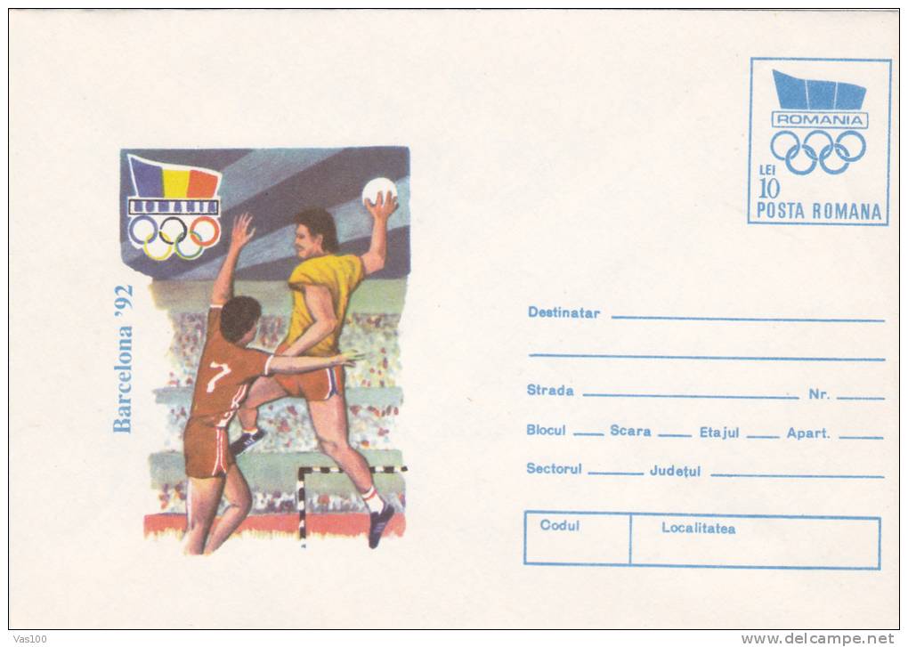 HANDBALL,OLYMPIC GAMES BARCELONA 1992,COVER STATIONERY,ENTIER POSTAL UNUSED ROMANIA. - Hand-Ball