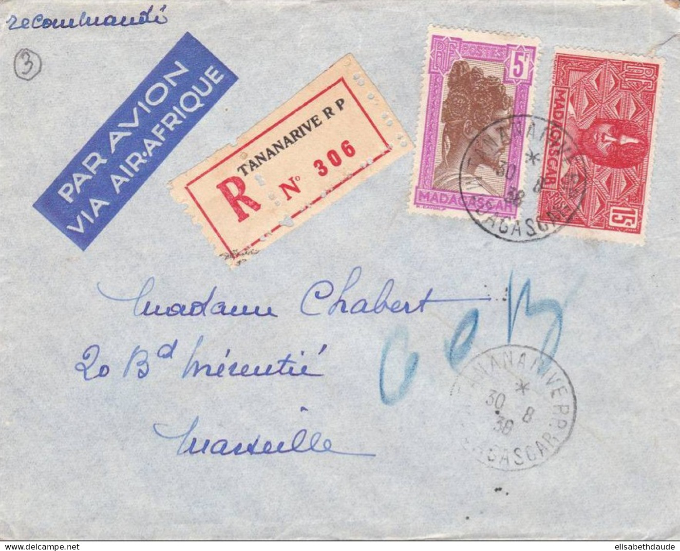 MADAGASCAR - 1938 - ENVELOPPE RECOMMANDEE Par AVION VIA AIR AFRIQUE De TANANARIVE Pour MARSEILLE - Lettres & Documents