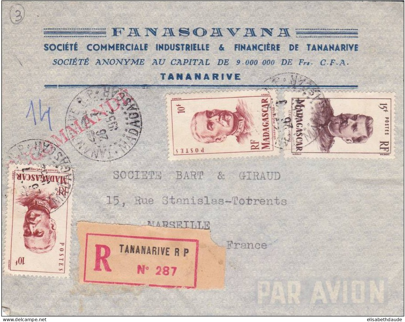 MADAGASCAR - 1952 - ENVELOPPE RECOMMANDEE Par AVION De TANANARIVE Pour MARSEILLE - Storia Postale