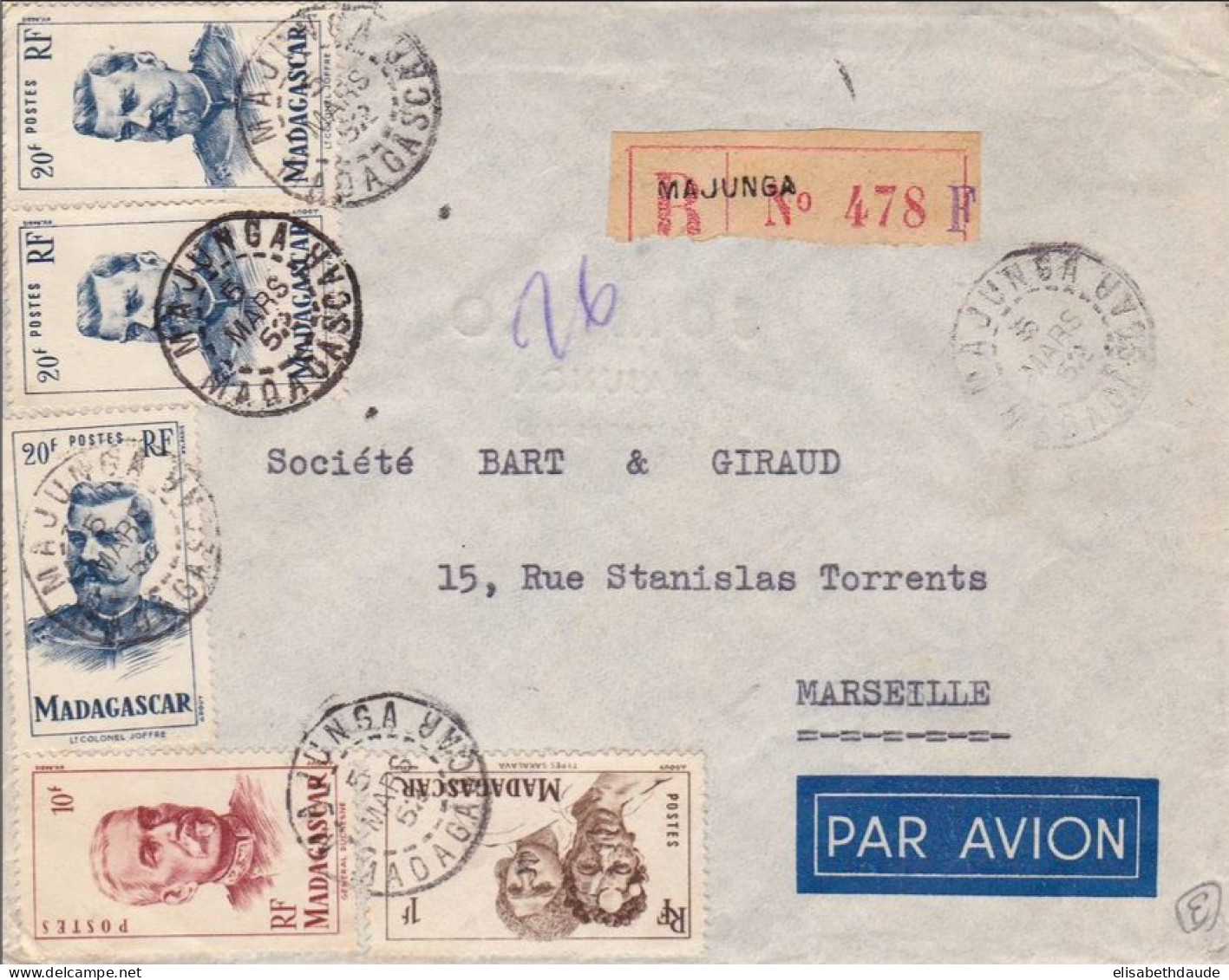 MADAGASCAR - 1952 - ENVELOPPE RECOMMANDEE Par AVION De MAJUNGA Pour MARSEILLE - Briefe U. Dokumente