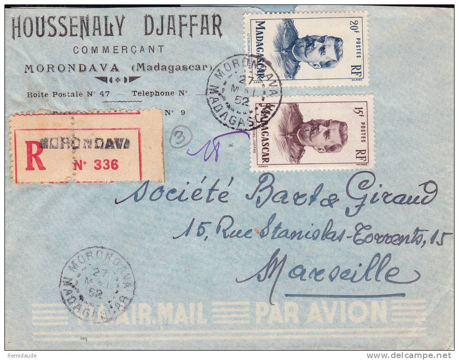 MADAGASCAR - 1952 - ENVELOPPE RECOMMANDEE Par AVION De MORONDAVA Pour MARSEILLE - Lettres & Documents