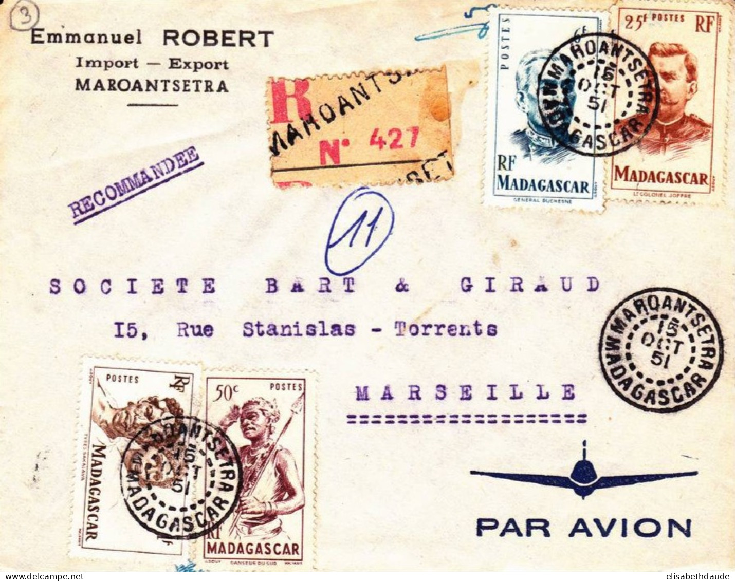 MADAGASCAR - 1951 - ENVELOPPE RECOMMANDEE Par AVION De MAROANTSETRA Pour MARSEILLE - Covers & Documents