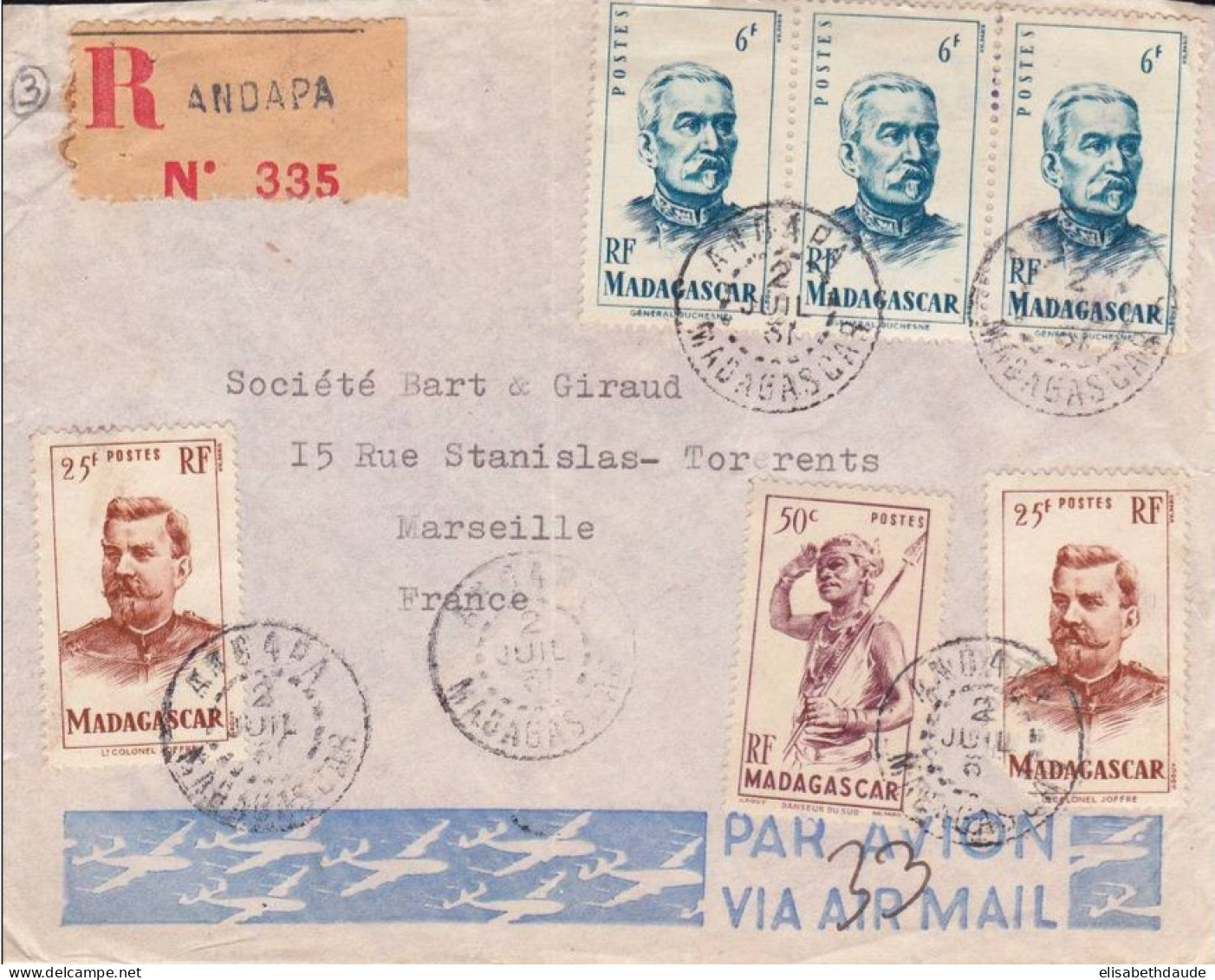 MADAGASCAR - 1951 - ENVELOPPE RECOMMANDEE Par AVION De ANDAPA Pour MARSEILLE - Storia Postale