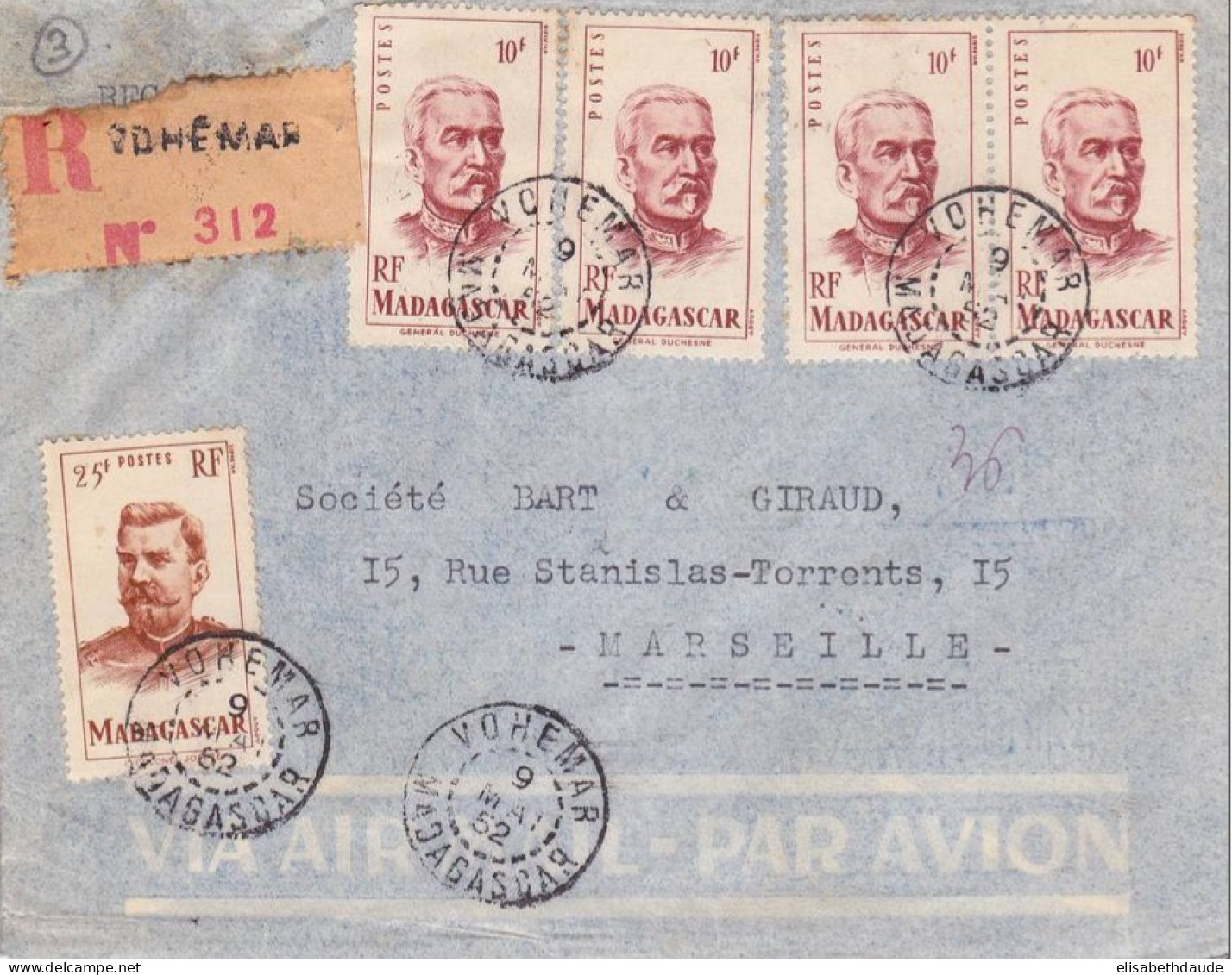 MADAGASCAR - 1952 - ENVELOPPE RECOMMANDEE Par AVION De VOHEMAR Pour MARSEILLE - Storia Postale