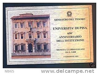 ITALY - REPUBBLICA ITALIANA ANNO 1993 - UNIVERSITA´ DI PISA    Lire 5000  In Argento  FDC - Gedenkmünzen