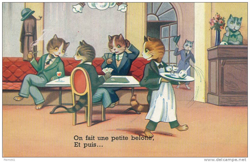 CHATS - Jolie Carte Fantaisie Chats Humanisés Jouant Aux Cartes -  "on Fait Une Petite Belote Et Puis...." - Chats