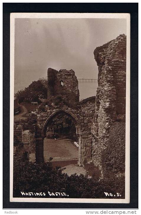 RB 825 - Early Real Photo Postcard Hastings Castle Sussex With Pier In The Background - Hastings