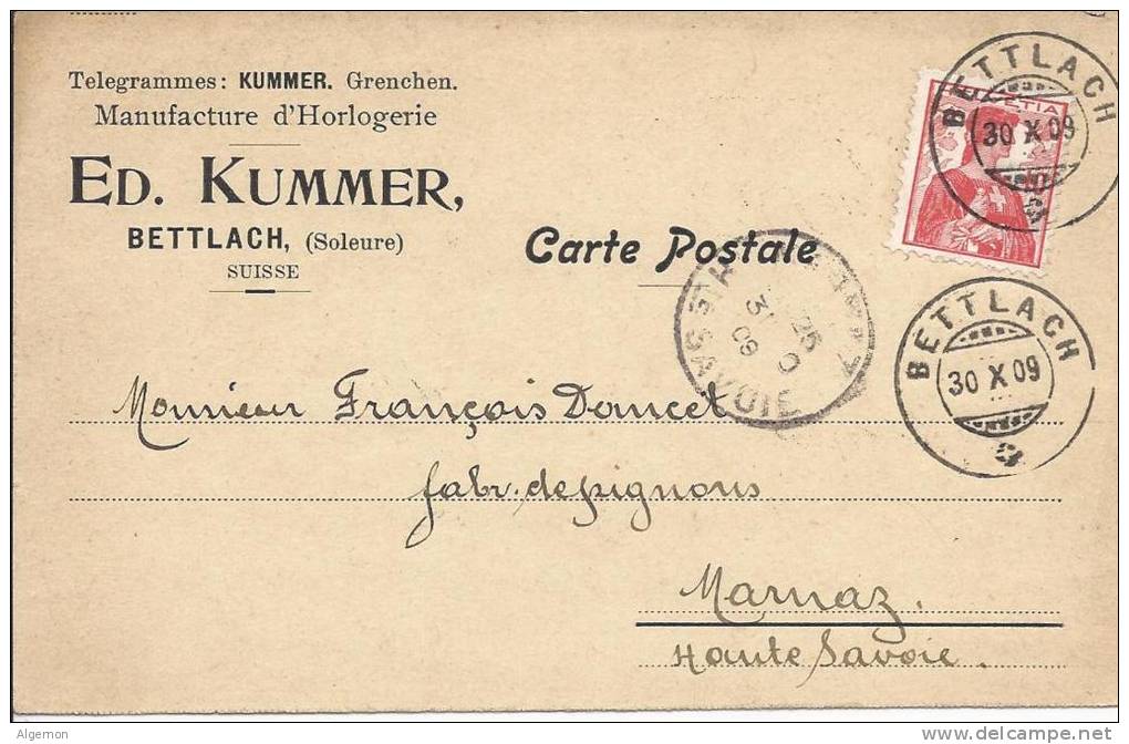 2895 - Carte Manufacture D´horlogerie Ed. Kummer Bettlach 30.10.1909 - Horlogerie