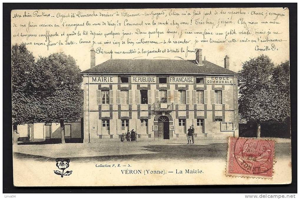 CPA  PRECURSEUR- FRANCE- VERON (89) LA MAIRIE ET L'ECOLE EN 1900- TRES GROS PLAN DE FACE- ANIMATION - Veron