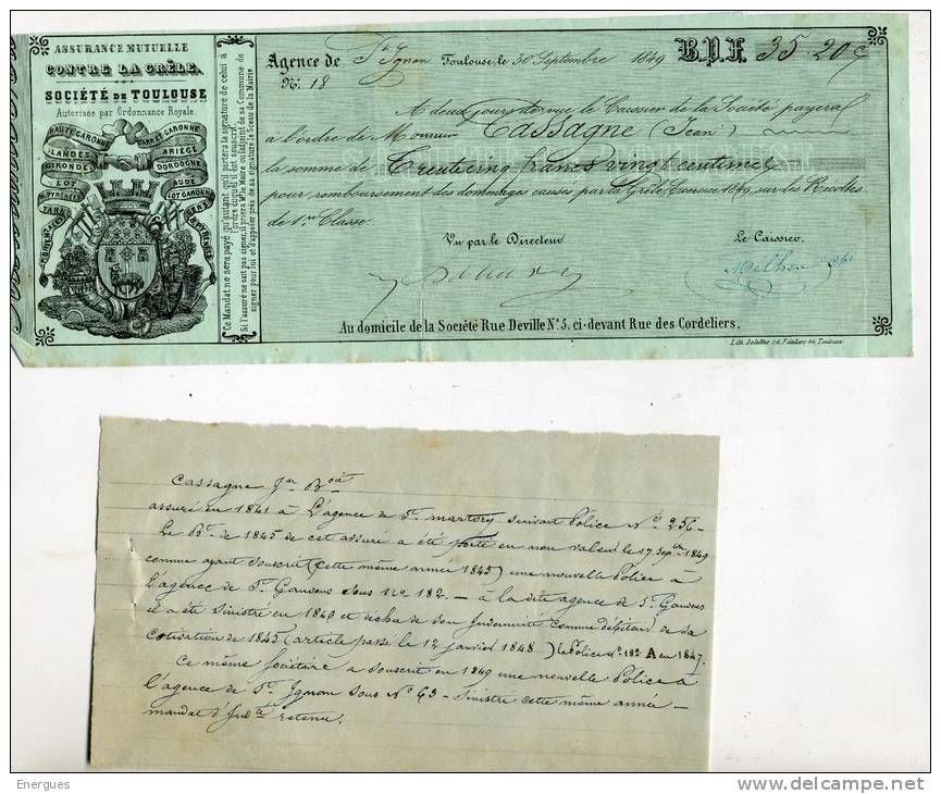 Larcan, 1849, Contre La Grêle, Toulouse, Jean Cassagne,5 Documents - Bank & Insurance