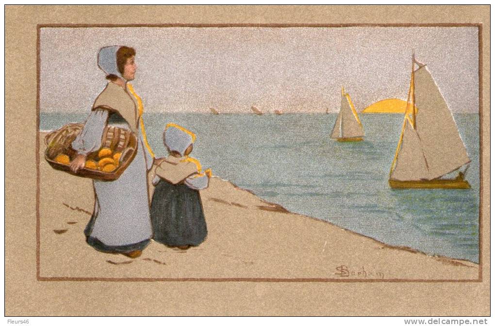 VIENNOISE Signée S. BARHAM - Enfant Et Sa Mère Sur La Plage Au Soleil Couchant.Barques. - Altri & Non Classificati