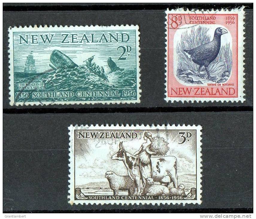 New Zealand 1956 Southland Centennial Set Of 3 Used - Whale, Farming, Takahe - Used Stamps