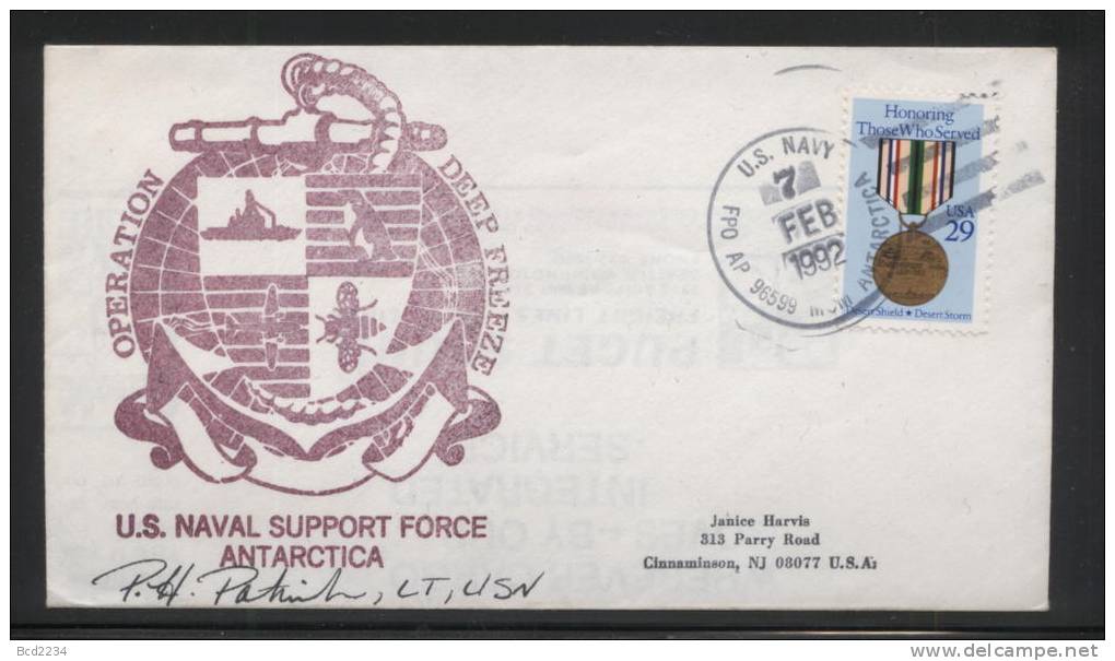 USA ANTARCTIC COVER 1992 OPERATION DEEP FREEZE US NAVY TYPE 4 SIGNED Supply Dept Planes Ships Penguins Bees Insects - Abejas