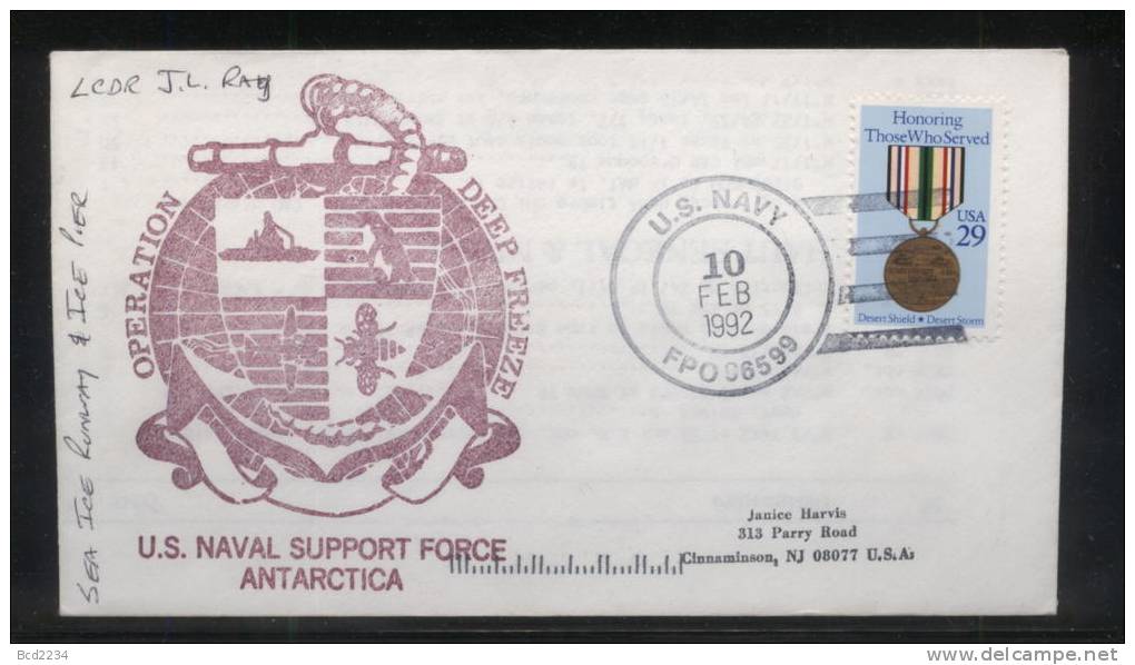 USA ANTARCTIC COVER 1992 OPERATION DEEP FREEZE US NAVY TYPE 6 SIGNED Supply Dept Planes Ships Penguins Bees Insects - Honeybees