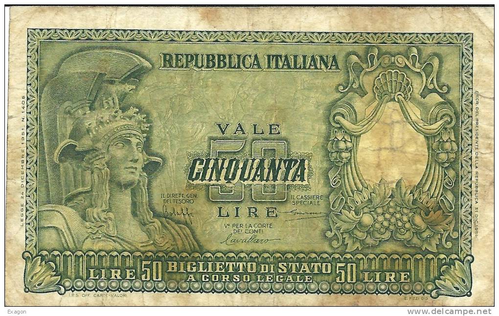 50 Lire - ITALIA ELMATA - D.M. 31.12.1951 - Firme: Bolaffi / Cavallaro / Giovinco - Serie 2717 - 50 Lire