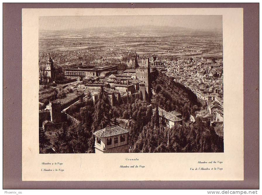 SPAIN - Granada - Alhambra Y La Vega, Alhambra And The Vega, Image Glued To Cardboard, Year About 1930 - Artis Historia