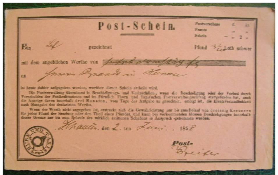 1858 T+T Postschein Aus Thannhausen Sendung Nach Hanau - Vorphilatelie