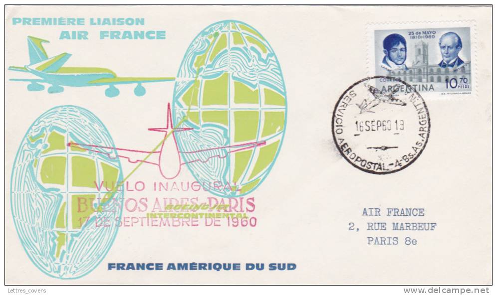 1960 Vuelo Inaugural BUENOS AIRES PARIS Servicio Aeropostal Première Liaison Air France Sur Lettre Avion Argentine - Aéreo