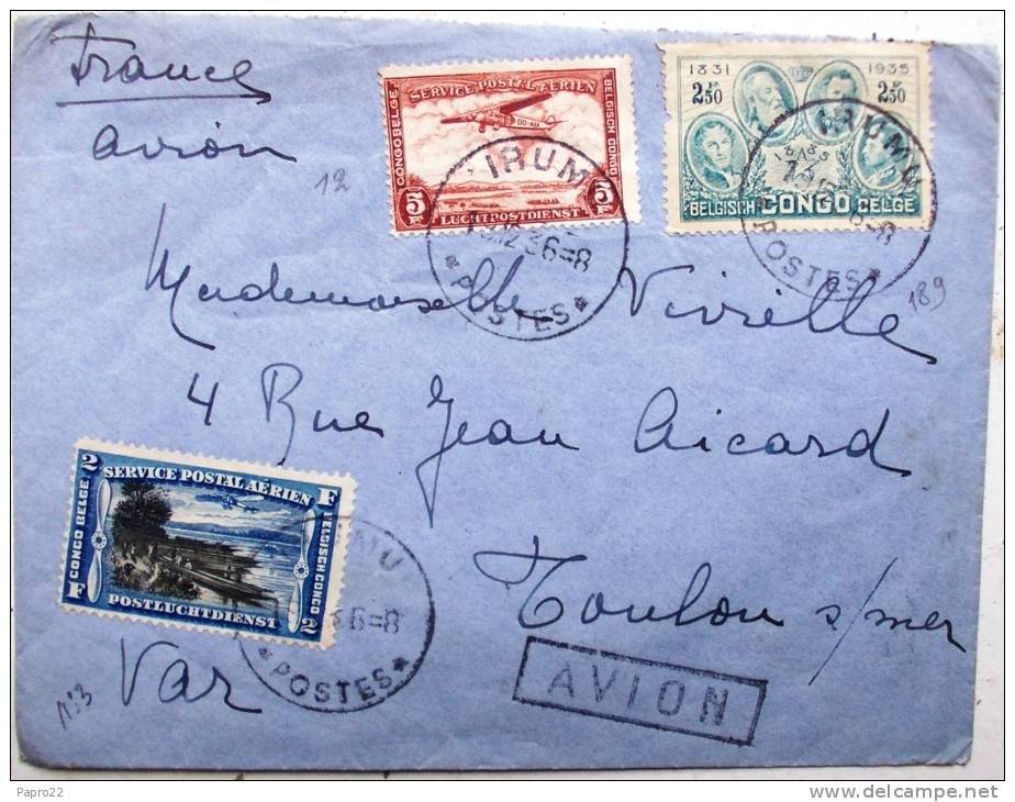 Lettre Congo Belge Irumu Pour Toulon France Par Avion - Cartas & Documentos