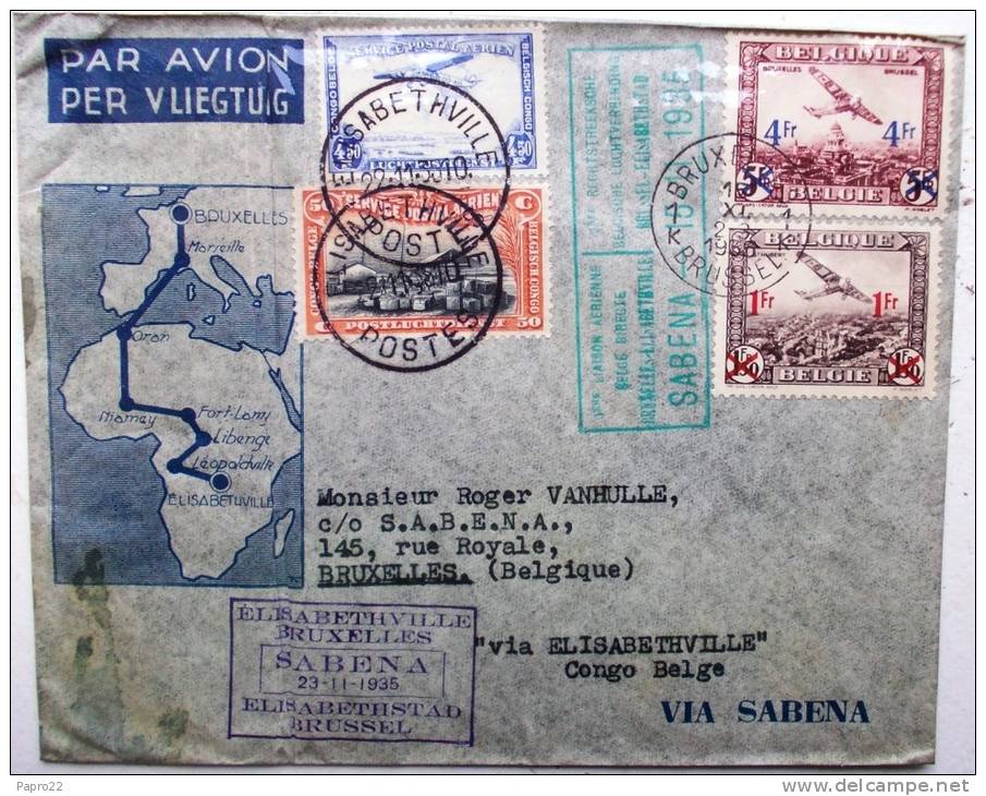 Lettre Congo Belge 1935 Premier Vol Bruxelles Elisabethville Et Retour - Storia Postale