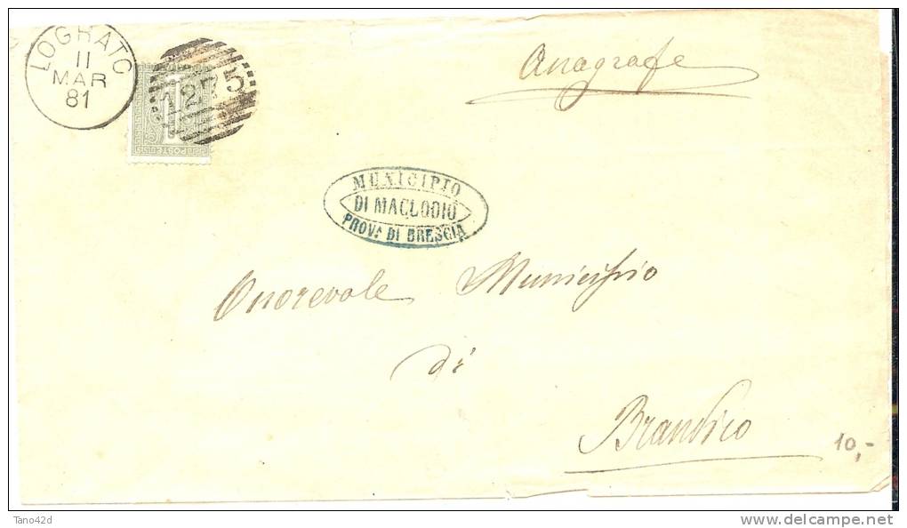 REF LIT 10 / BO - V. E.II 1c SUR LETTRE LOGRATO / BRANVICO 11/3/1881 - Marcophilie