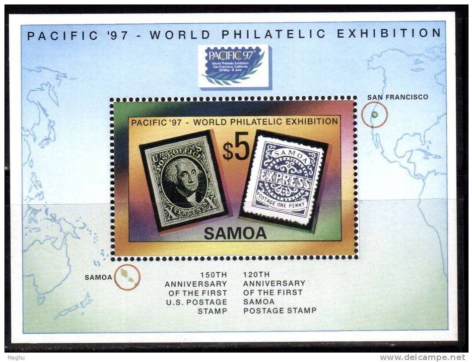 Samoa 1997, Philatelic Exhibition, Stamp On Stamp, Map,  United States, MS  Miniature - Samoa