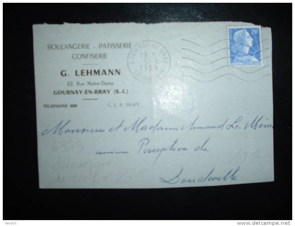 DEVANT DE LETTRE MARIANNE DE MULLER 20 F OBL. MECANIQUE 5-1-1959 GOURNAY-EN-BRAY (76 SEINE-MARITIME) DERNIER JOUR TARIF - 1955-1961 Marianne Van Muller