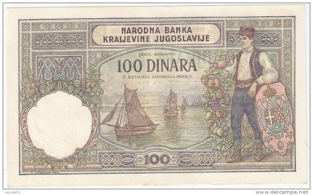 Yugoslavia 100 Dinara 1929. AUNC P-27   (008) WATERMARK: HEAD OF KING ALEKSANDRE I - Yougoslavie