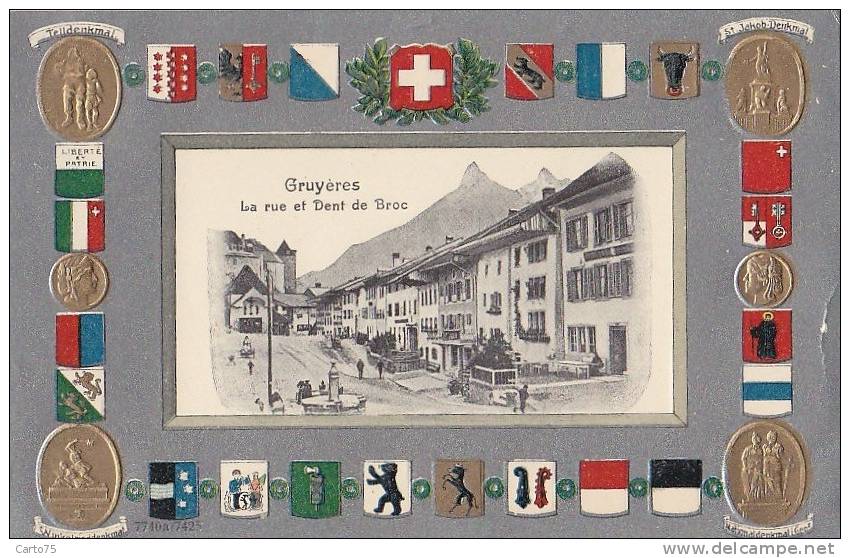 Suisse - Gruyères -  Rue Et Dent De Broc - Blasons - Carte Gaufrée - Aluminium - Broc