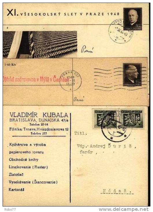1945 - 48 Czechoslovakia 3 Postal Cards. XI Všesokolský Slet V Praze 1948 ....  (B04006) - Lots & Kiloware (max. 999 Stück)