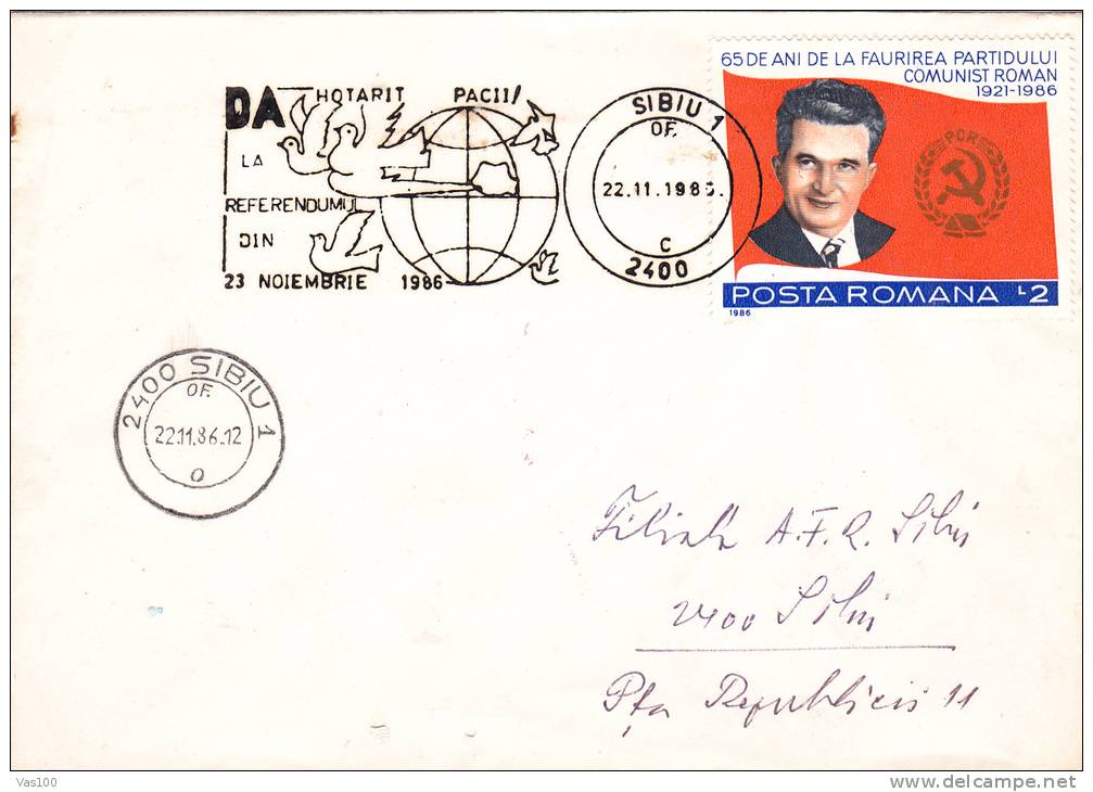 DOVE PIGEONS PEACE 1986 SPECIAL POSTMARK ON COVER STAMPS LEADER COMMUNIST CEAUSESCU, ROMANIA - Pigeons & Columbiformes