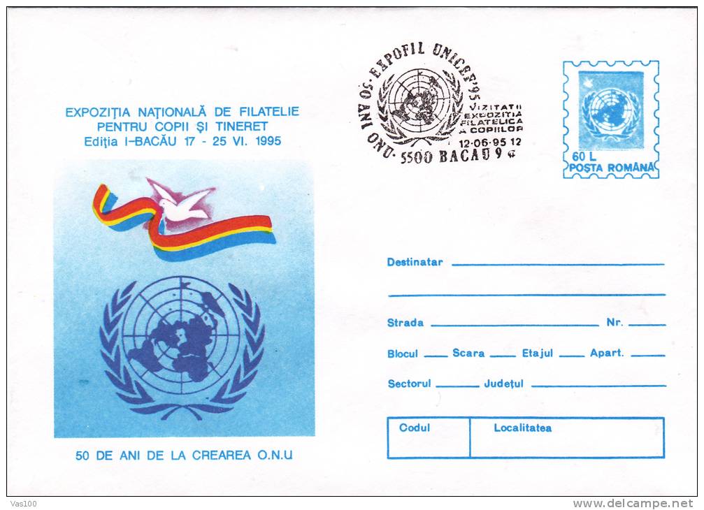 DOVE PIGEONS PEACE 1995 SPECIAL COUNCIL O.N.U. COVER STATIONARY ENTIER POSTAL 1995 ,ROMANIA - Tauben & Flughühner