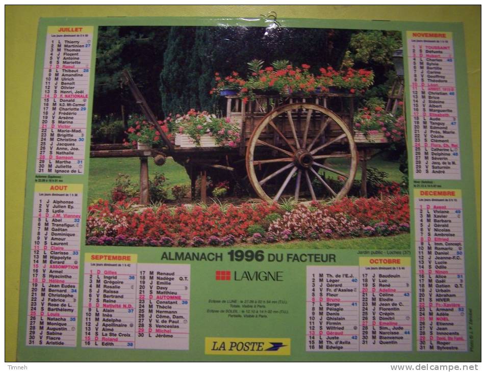 Almanach Du Facteur 1996 - LOCHES Jardin Public Charette Fleurie LE MANS Plantes - VOSGES  N°88 - LAVIGNE - LA POSTE - Formato Piccolo : 1991-00