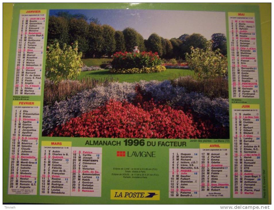 Almanach Du Facteur 1996 - LOCHES Jardin Public Charette Fleurie LE MANS Plantes - VOSGES  N°88 - LAVIGNE - LA POSTE - Formato Piccolo : 1991-00