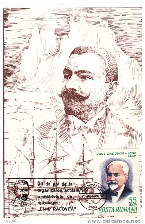 EMIL RACOVITA;BIOLOGICAL, POLAR EXPLORER,BELGICA EXPEDITION IN ANTARCTICA,1986 CM,MAXICARD,CARTES MAXIMUM  - ROMANIA. - Erforscher