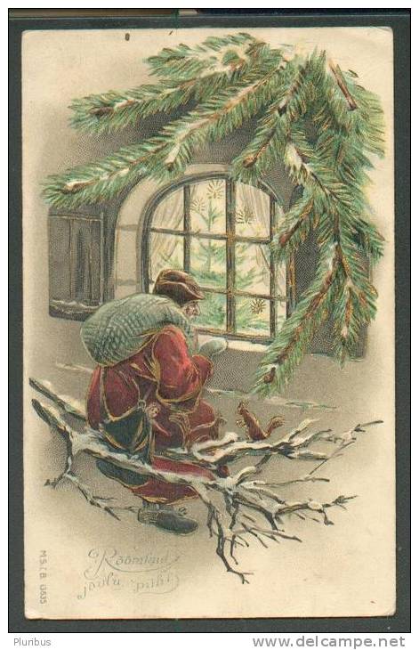 CHRISTMAS , SANTA CLAUS SITTING ON THE BRANCH WITH SQUIRREL , EMBOSSED OLD POSTCARD, USED 1906 - Santa Claus