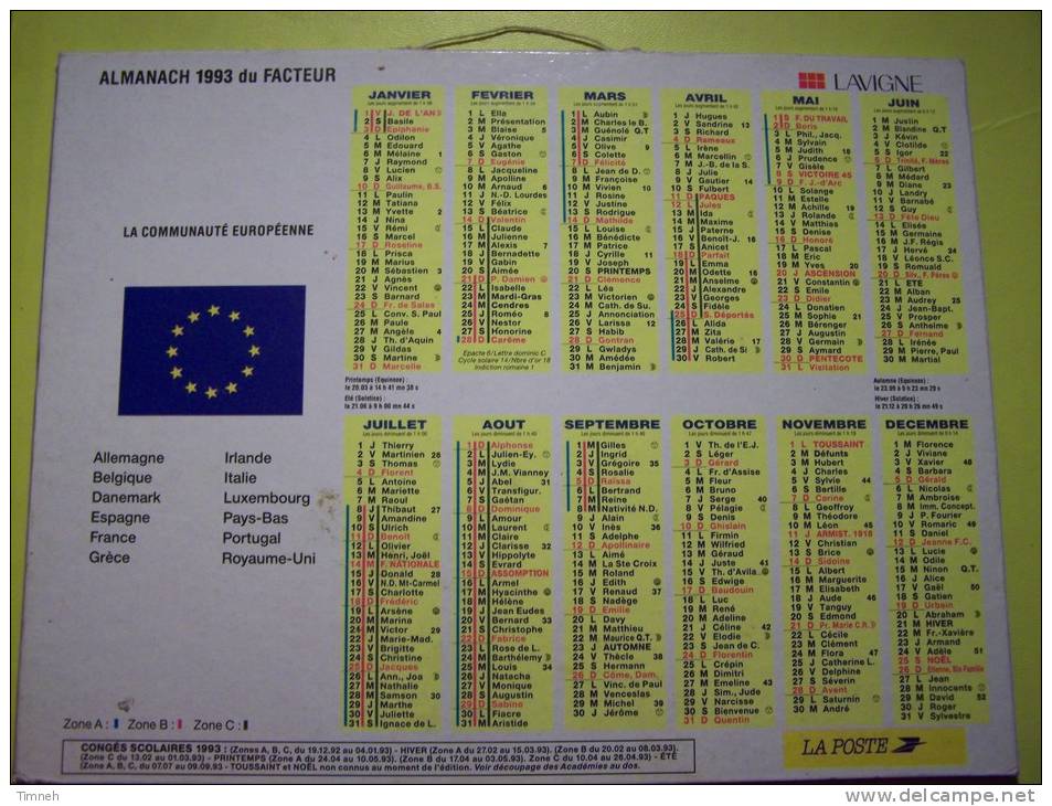 Almanach Du Facteur 1993 - LA COMMUNAUTE EUROPEENNE - VOSGES  N°88 - LAVIGNE - LA POSTE - Groot Formaat: 1991-00