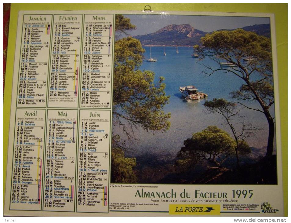 Almanach Du Facteur 1995 -iles De Porquerolles Var Cassis Bouches Du Rhône - Vosges N°88  OLLER  - LA POSTE - Tamaño Grande : 1991-00