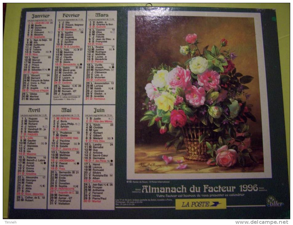 Almanach Du Facteur 1996 Panier Fleurs Fruits - Vosges N°88  OLLER  - LA POSTE - Grand Format : 1991-00