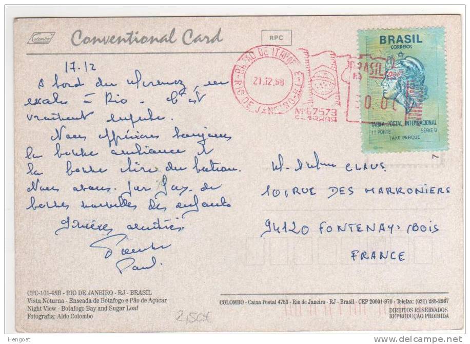 EMA + Timbre " Taxe "   / CP, Carte , Postcard Du  21/12/98 Pour La France , 2 Scans - Brieven En Documenten