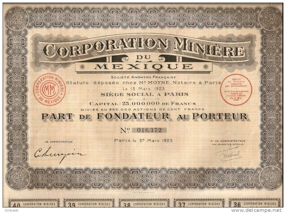 CORPORATION MINIERE DU MEXIQUE - PART DE FONDATEUR AU PORTEUR - Mines