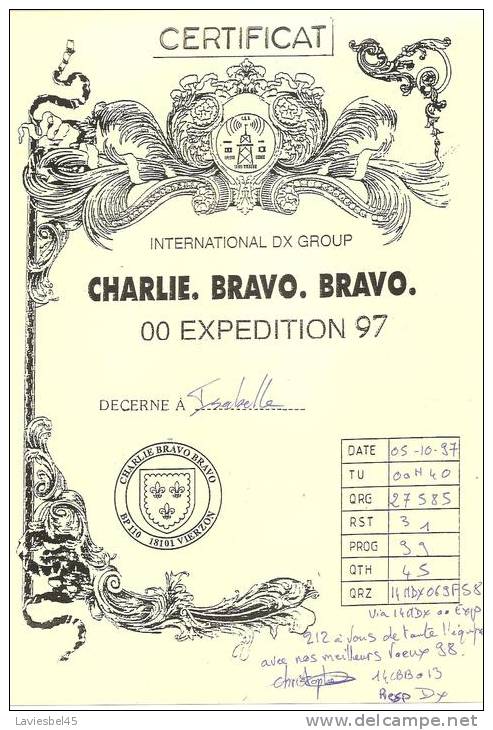 QSL . EXPE D.X. SPECIALE CALYPSO DEC 1997 . CHARLIE BRAVO BRAVO - CB-Funk