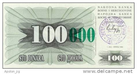 BOSNIA:  100 000 Dinara On 100 Dinara, 1993 UNC *P56c * 16mm High Green Zeroes - 24.12.1993 - Bosnien-Herzegowina