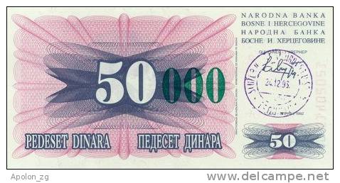 BOSNIA:  50 000 Dinara On 50 Dinara, 1993 UNC *P-55c * 16mm High Green Zeroes 24.12.1993 - Bosnien-Herzegowina