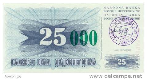 BOSNIA:  25 000 Dinara On 25 Dinara, 1993 UNC *P54c * 16mm High Green Zeroes - 24.12.1993 - Bosnië En Herzegovina